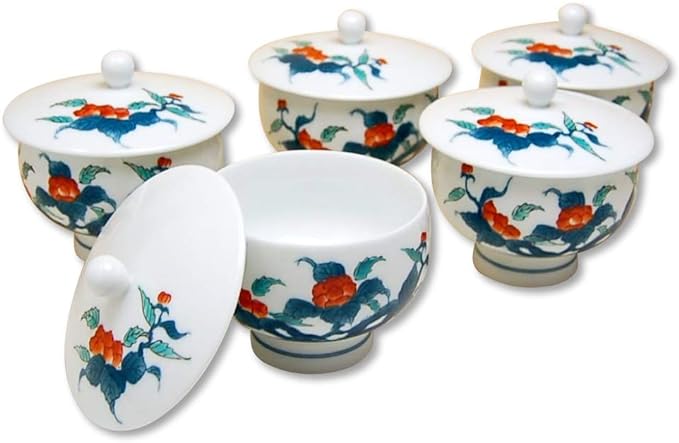 有田焼やきもの市場 Japanese Tea Cups with Lid Set of 5 pcs Traditional for Green Tea Made in Japan Arita Imari ware Ceramic Porcelain Ironabeshima Iwabotan