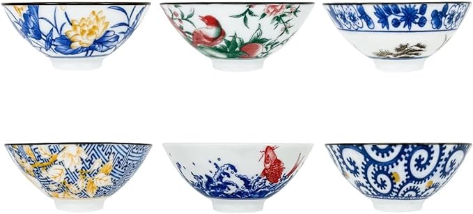 Pazoumod Set of 6 Traditional Japanese Ceramic Tea Cups, Kungfu Teacup, Coloful