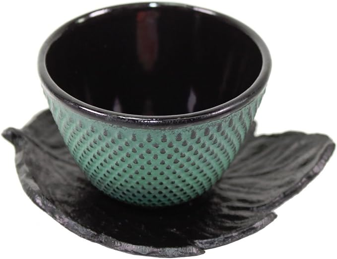 4 Green Leaf Teacup Saucer+4 Dark Blue Polka Dot Hobnail Japanese Cast Iron Tea Cup