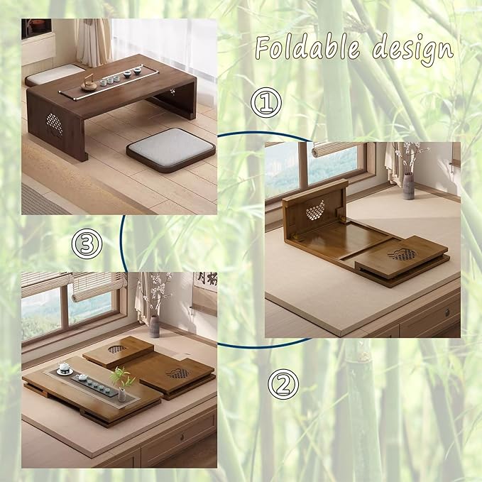 QINFFRRMI Bamboo Chinese Tea Floor Table Japanese Foldable Coffee Table Altar Table for Meditation Low Portable Collapsable Tatami Table for Living Room,Dining Room,Home Decoration (Walnut, Medium)