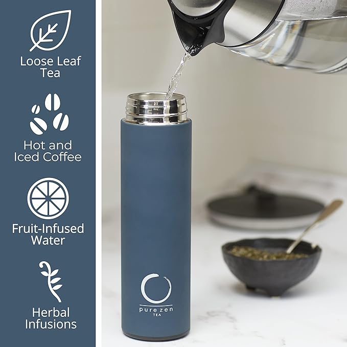 Pure Zen Tea Thermos with Infuser - Stainless Steel Insulated Tumbler for Loose Leaf Tea, Iced Coffee and Fruit-Infused Water - Leakproof - 15oz - Blue