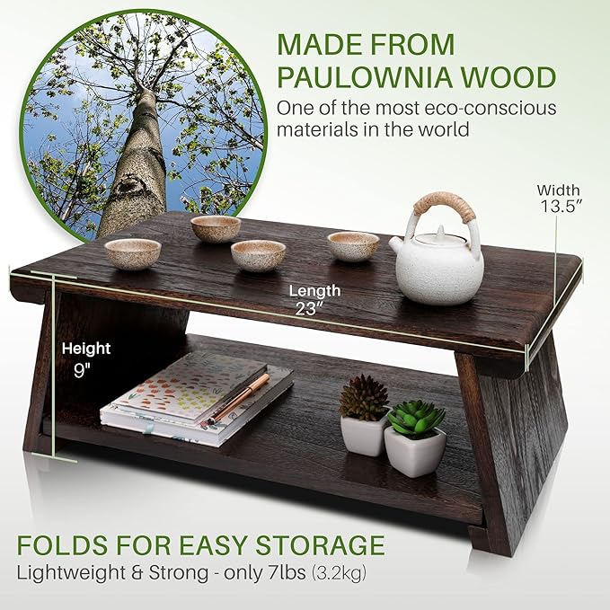 ENSO SENSORY Uji Meditation Table - Premium Japanese Altar Table & Shrine Stand - Tatami Chabudai Puja Folding Table - Low Tea Table for Sitting on The Floor -Sleek Finish, Lightweight Paulownia Wood