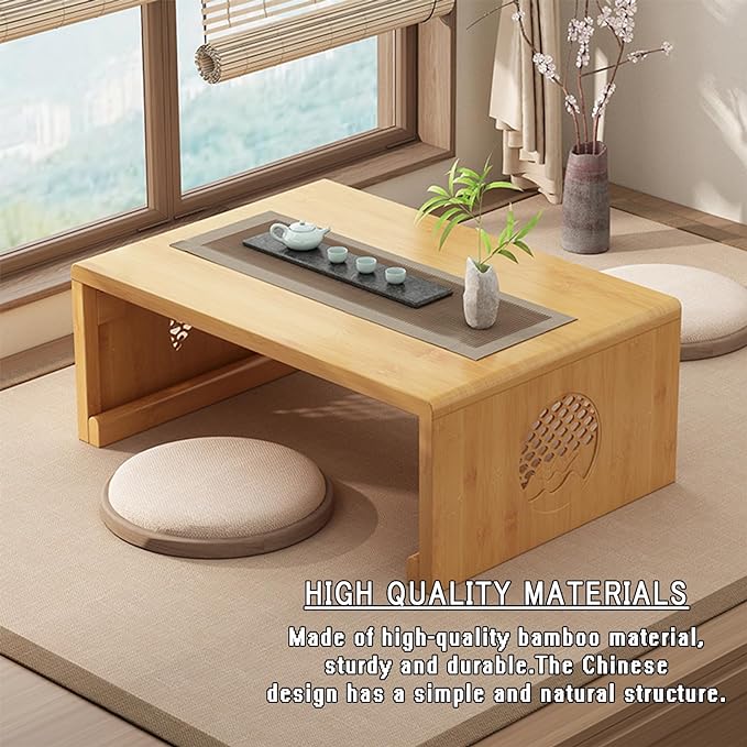 QINFFRRMI Bamboo Chinese Tea Floor Table Japanese Foldable Coffee Table Altar Table for Meditation Low Portable Collapsable Tatami Table for Living Room,Dining Room,Home Decoration (Walnut, Medium)