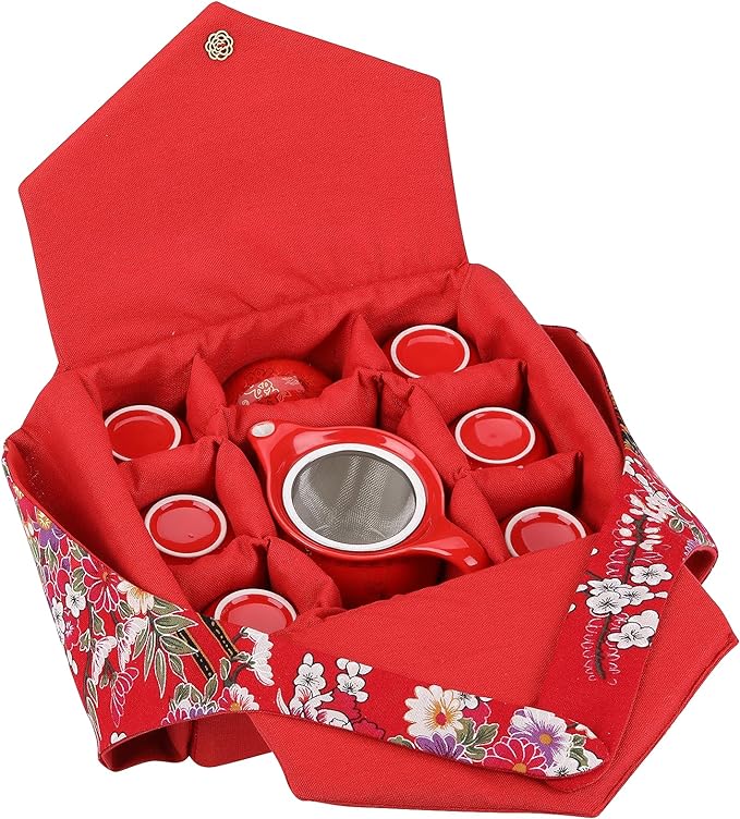 I-MART Chinese Tea Set, Red Ceramic Chinese Wedding Tea Set