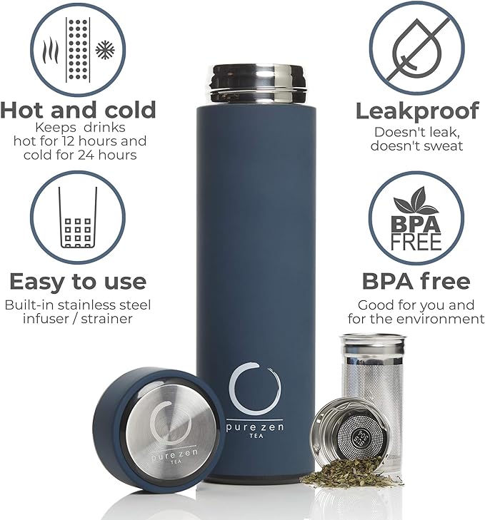 Pure Zen Tea Thermos with Infuser - Stainless Steel Insulated Tumbler for Loose Leaf Tea, Iced Coffee and Fruit-Infused Water - Leakproof - 15oz - Blue