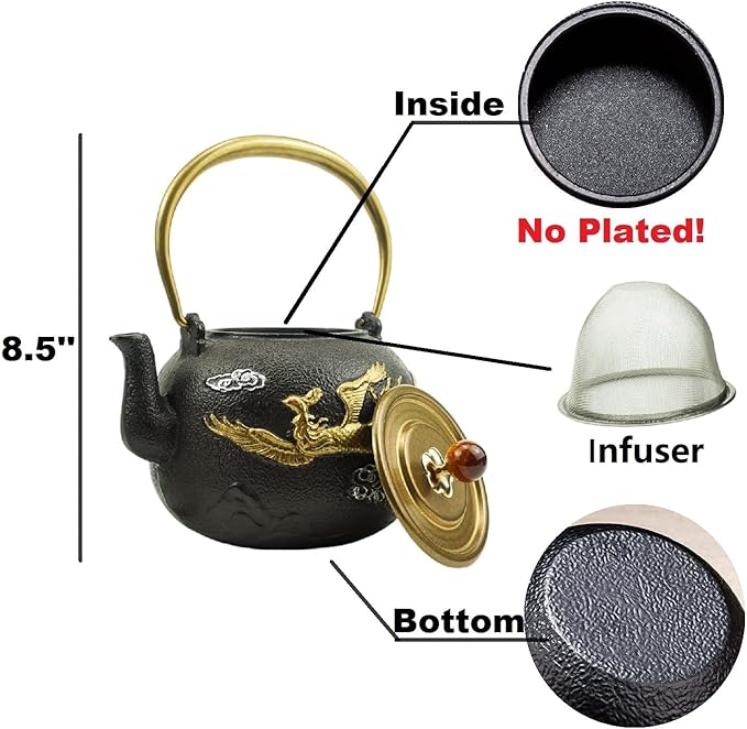 Funmaker Japanese Style Tetubin Tea Kettle Iron Teapots Japanese Cast Iron Teapot Handmade Uncoated Teapot Health Teapot 40.5oz /
