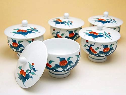 有田焼やきもの市場 Japanese Tea Cups with Lid Set of 5 pcs Traditional for Green Tea Made in Japan Arita Imari ware Ceramic Porcelain Ironabeshima Iwabotan