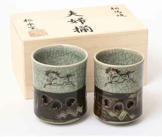 Hand-made: Double layer teacup Set of 2 | “Soma-Yaki” | Blue Crack Pattern | Made in Japan