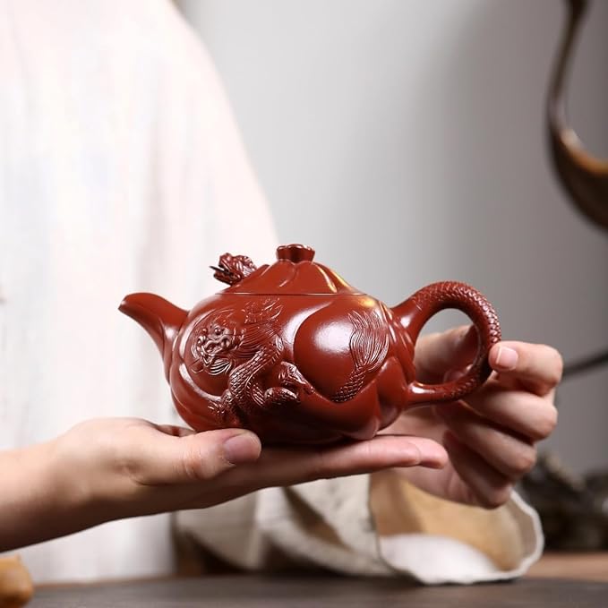 SILINE Luxury Yixing Clay Teapot 12 Oz,Chinese Official Senior Master Handmade Zisha Tea Pot with Collection Certificate and Gift Box (Fish Dragon,Zhuni Red Clay)