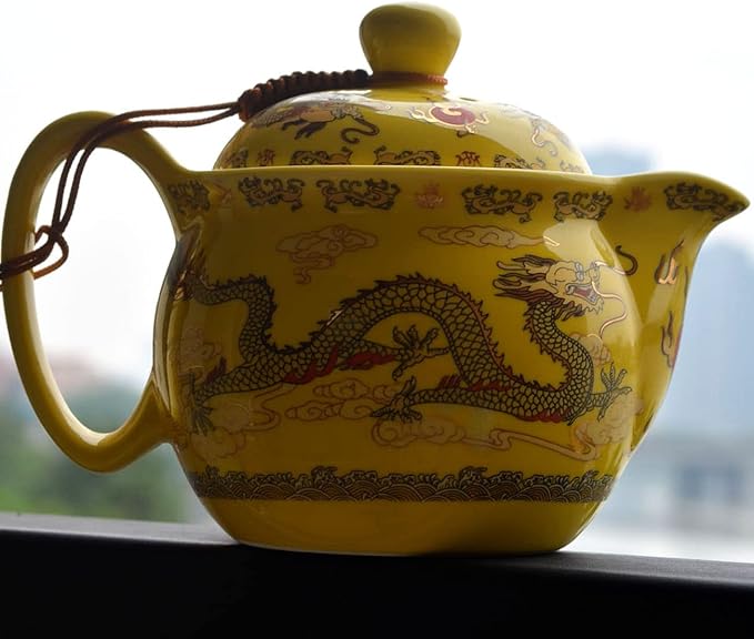 Teapot 12oz Chinese King Yellow Porcelain Flying Two Dragon Game Bead Sea Stainless Mash Infuser for Loose Tea (Yellow Golden dragon)