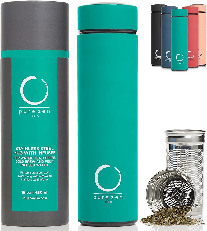 Zen Insulated Tea Thermos with Infuser - Portable Tea Infuser Bottle - Travel Tea Mug with Infuser and Lid - Unique Gifts for Tea Lovers - Insulated Tea Tumbler with Infuser and Lid - 15 oz - Green