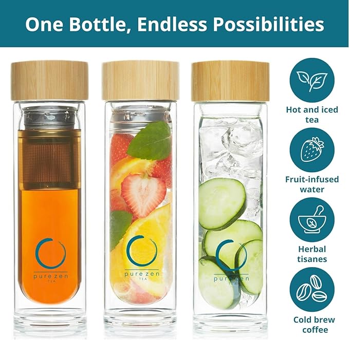 Pure Zen Tea Infuser Bottle - Insulated Glass Bottle for Loose Leaf Tea - Tea Tumbler with Infuser - Portable Travel Mug for Infused Water - Tea Diffuser Thermos on the Go - 15 oz