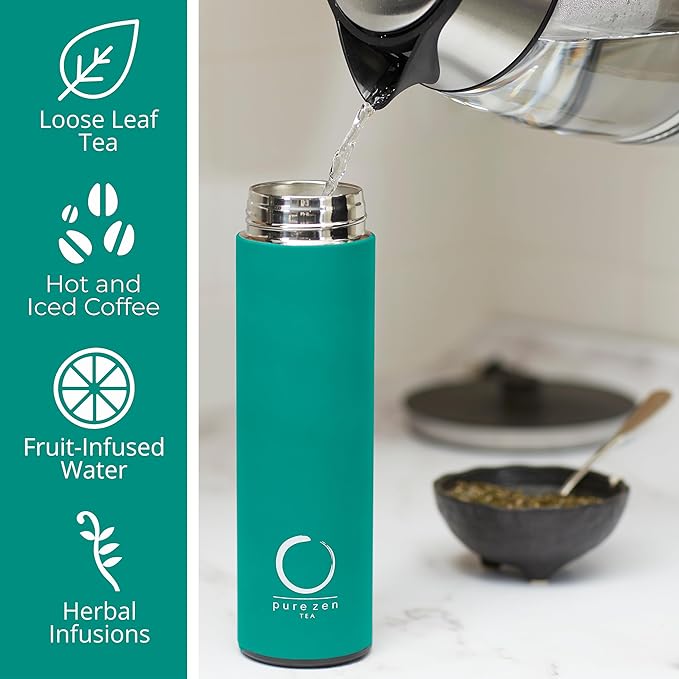 Zen Insulated Tea Thermos with Infuser - Portable Tea Infuser Bottle - Travel Tea Mug with Infuser and Lid - Unique Gifts for Tea Lovers - Insulated Tea Tumbler with Infuser and Lid - 15 oz - Green