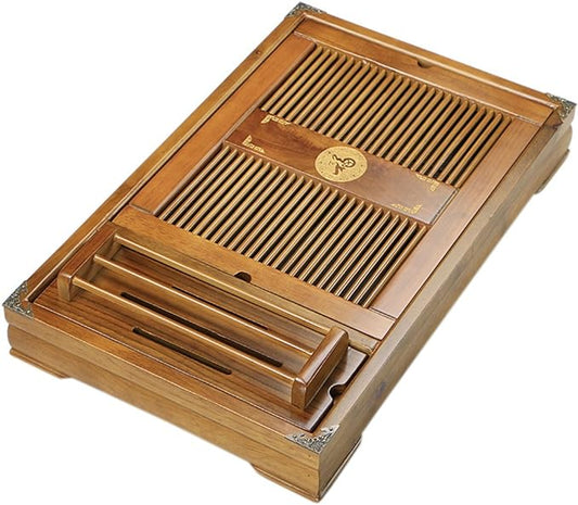 Tea Talent Reservoir & Drainage Type Solid Wood Tea Tray - Japanese/Chinese Gongfu Tea Table Serving Tray Box for Kungfu Tea Set 21.2 x 13.4 x 2.36 Inch, Original Color