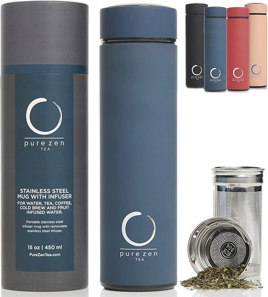 Pure Zen Tea Thermos with Infuser - Stainless Steel Insulated Tumbler for Loose Leaf Tea, Iced Coffee and Fruit-Infused Water - Leakproof - 15oz - Blue