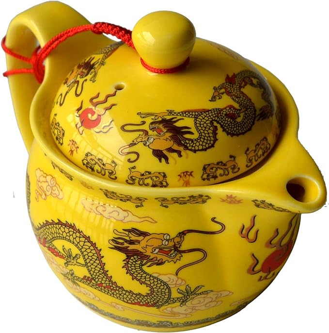 Teapot 12oz Chinese King Yellow Porcelain Flying Two Dragon Game Bead Sea Stainless Mash Infuser for Loose Tea (Yellow Golden dragon)