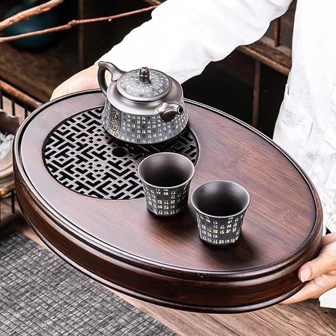Oval Chinese Kungfu Bamboo Tea Tray Table Box with Water Storage for Gongfu Tea Set (Large