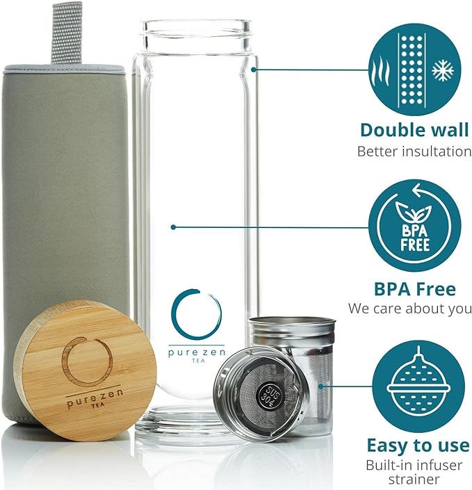 Pure Zen Tea Infuser Bottle - Insulated Glass Bottle for Loose Leaf Tea - Tea Tumbler with Infuser - Portable Travel Mug for Infused Water - Tea Diffuser Thermos on the Go - 15 oz