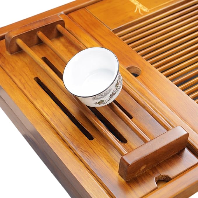 Tea Talent Reservoir & Drainage Type Solid Wood Tea Tray - Japanese/Chinese Gongfu Tea Table Serving Tray Box for Kungfu Tea Set 21.2 x 13.4 x 2.36 Inch, Original Color