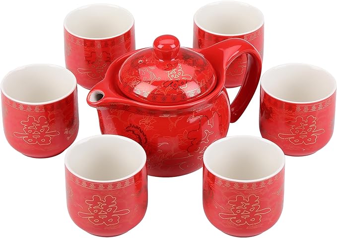 I-MART Chinese Tea Set, Red Ceramic Chinese Wedding Tea Set