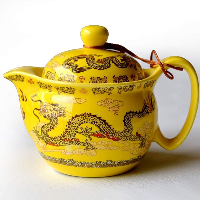 Teapot 12oz Chinese King Yellow Porcelain Flying Two Dragon Game Bead Sea Stainless Mash Infuser for Loose Tea (Yellow Golden dragon)