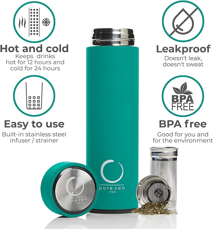 Zen Insulated Tea Thermos with Infuser - Portable Tea Infuser Bottle - Travel Tea Mug with Infuser and Lid - Unique Gifts for Tea Lovers - Insulated Tea Tumbler with Infuser and Lid - 15 oz - Green