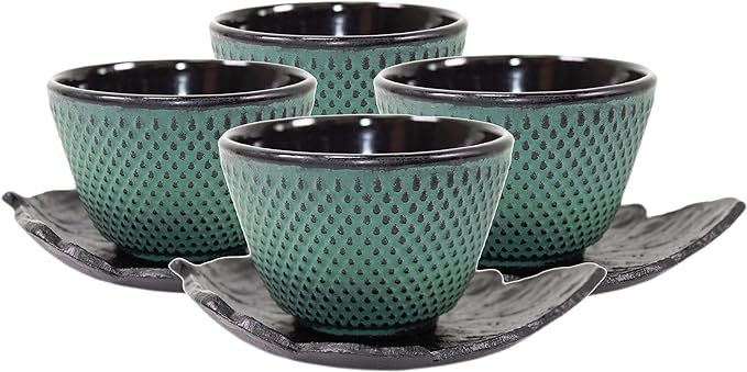 4 Green Leaf Teacup Saucer+4 Dark Blue Polka Dot Hobnail Japanese Cast Iron Tea Cup