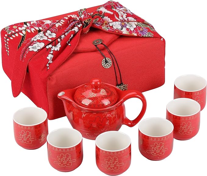 I-MART Chinese Tea Set, Red Ceramic Chinese Wedding Tea Set